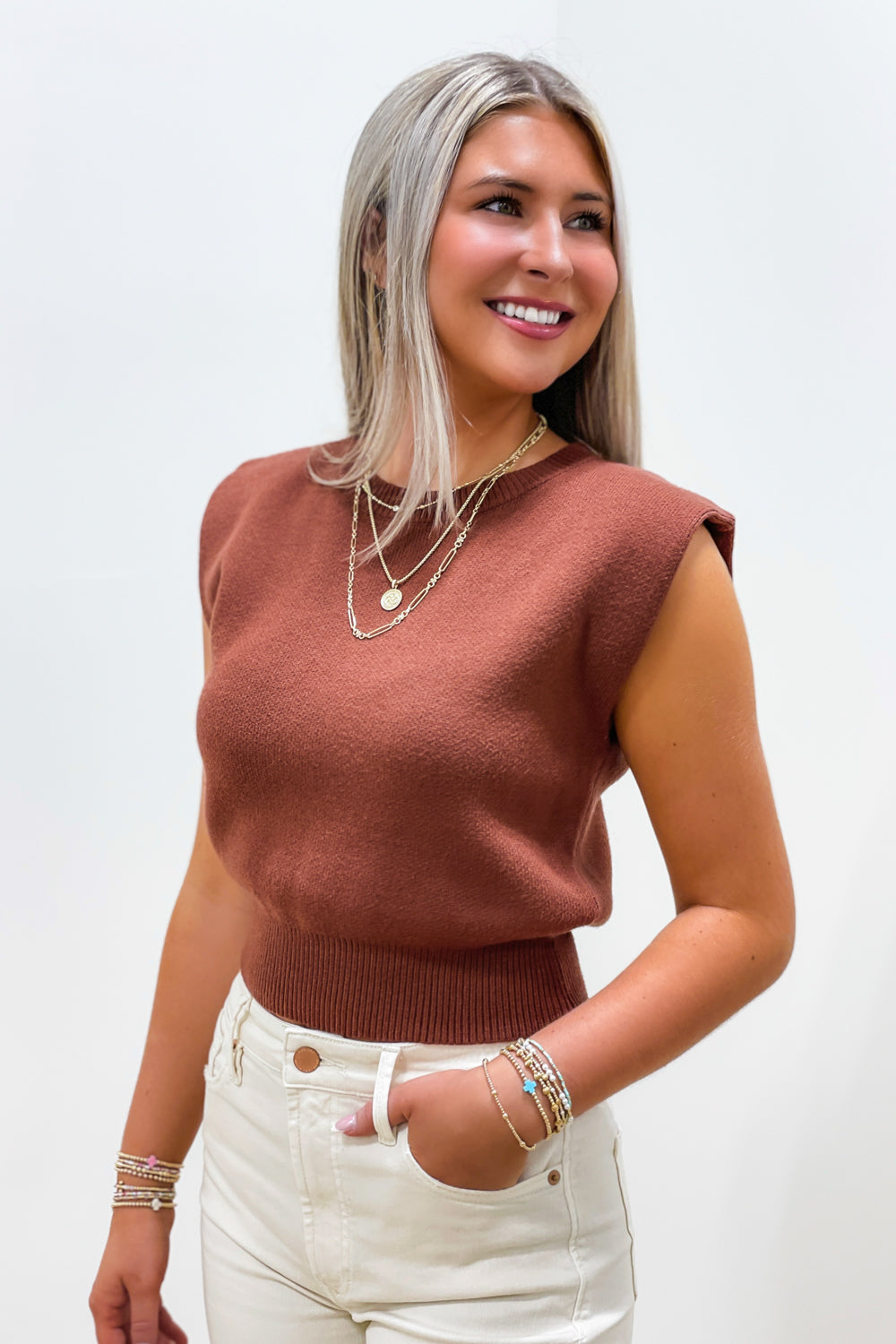 Go The Distance Sleeveless Cropped Sweater - Cinnamon | Makk Fashions