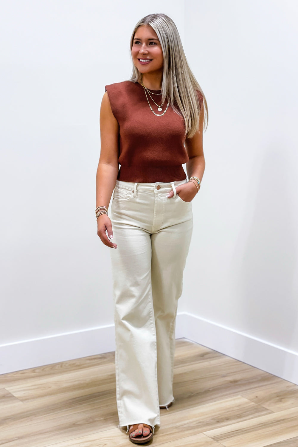 Go The Distance Sleeveless Cropped Sweater - Cinnamon | Makk Fashions