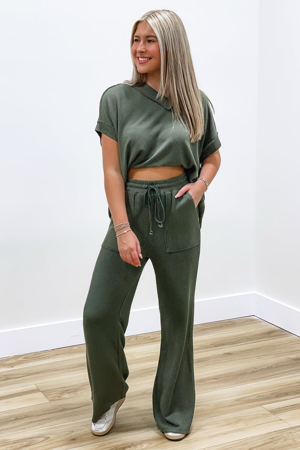 Good Times Textured Drawstring Pants - Olive | Makk Fashions