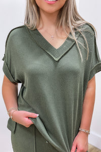 Good Times Textured V-Neck Top - Olive | Makk Fashions