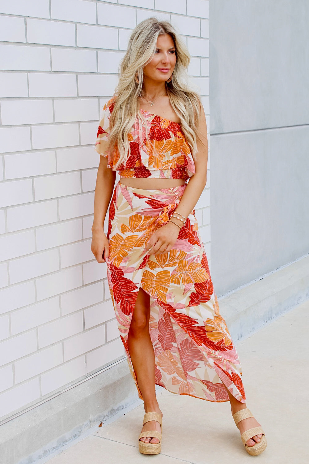 Hawaiian Delight Wrap Maxi Skirt - Orange Multi | Makk Fashions
