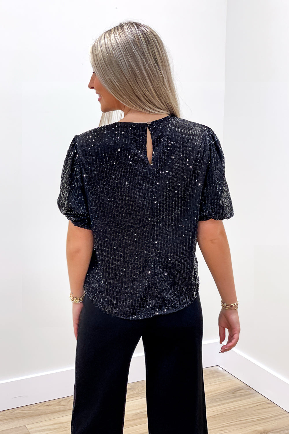 Holiday Ready Puff Sleeve Sequin Top - Black | Makk Fashions