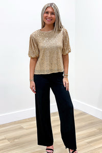 Holiday Ready Puff Sleeve Sequin Top - Gold | Makk Fashions