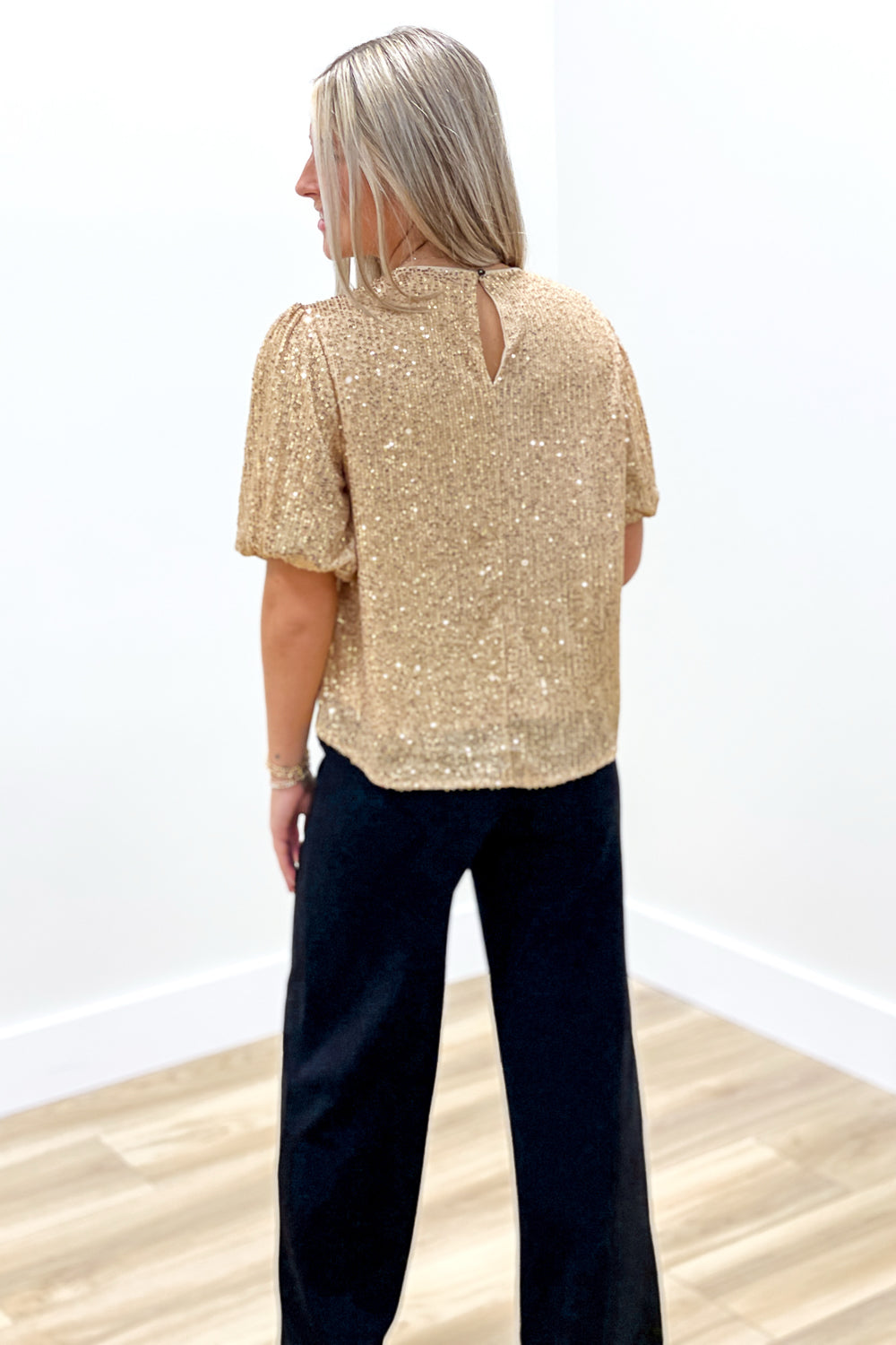 Holiday Ready Puff Sleeve Sequin Top - Gold | Makk Fashions