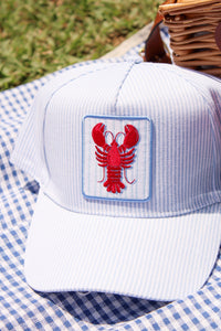 Lobster Embroidered Seersucker Trucker Hat - Blue