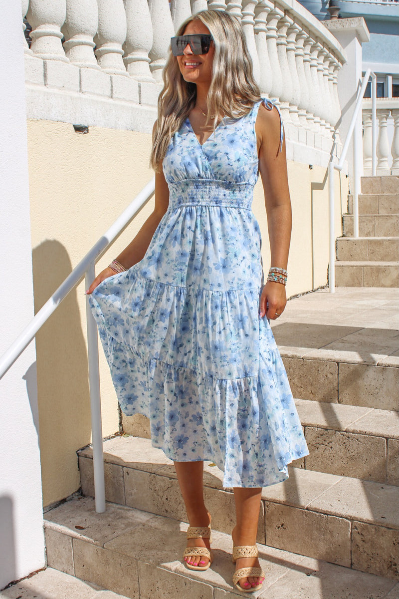 Calling On Spring Floral Midi Dress - Blue