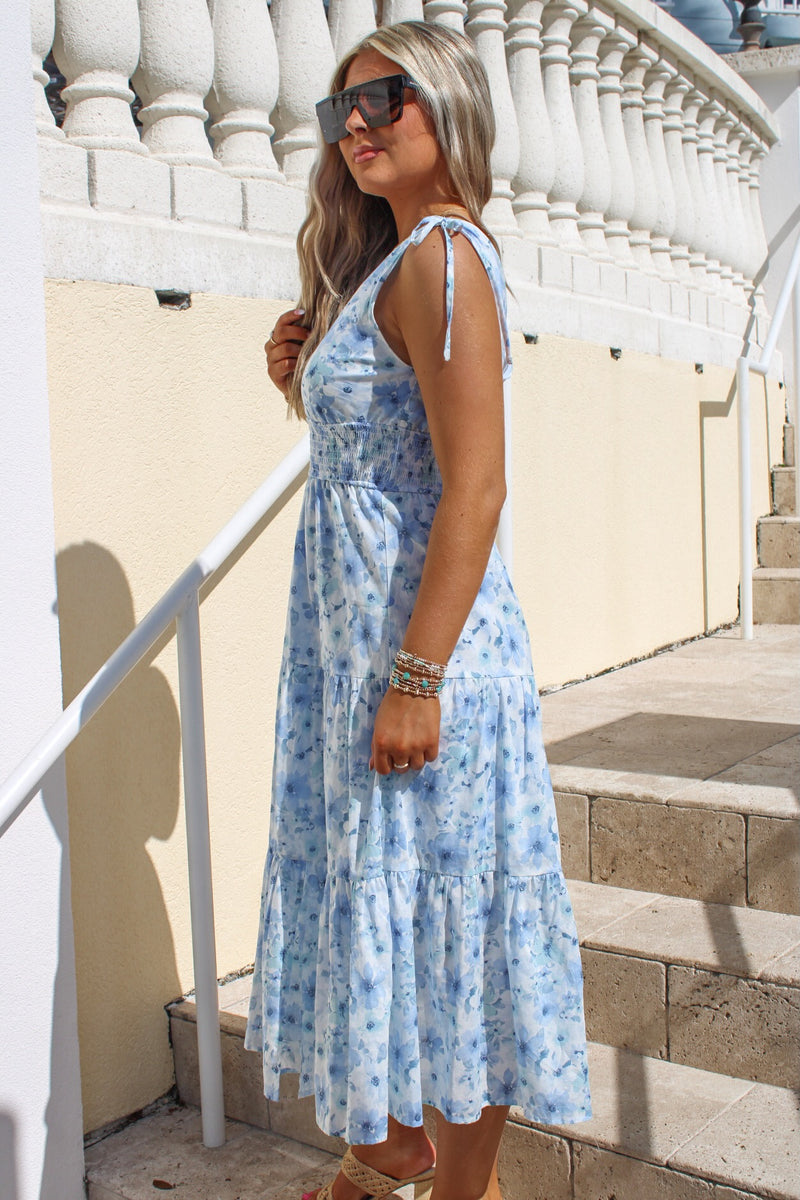 Calling On Spring Floral Midi Dress - Blue