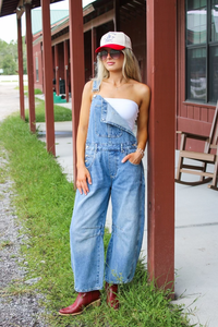 All The Attention Barrel Leg Jumpsuit - Med Wash
