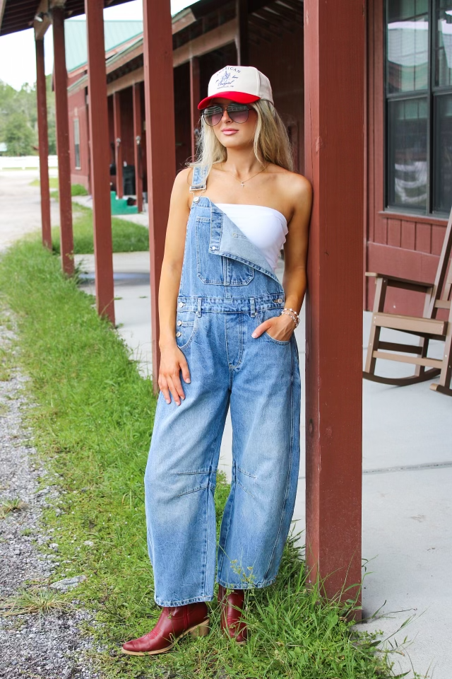 All The Attention Barrel Leg Jumpsuit - Med Wash
