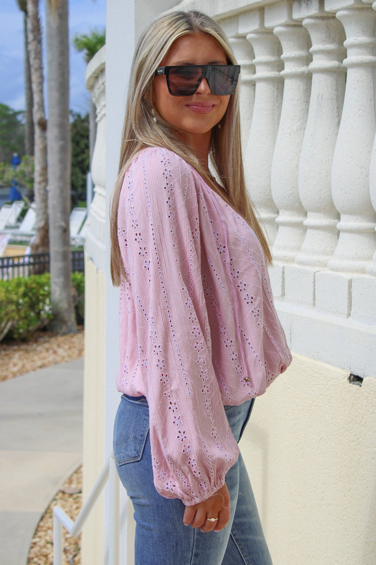 Thoughts Of Spring Eyelet V-Neck Top - Pink