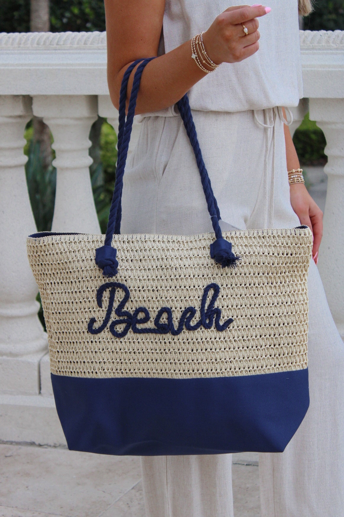 Beach Ready Rope Straw Tote Bag - Navy