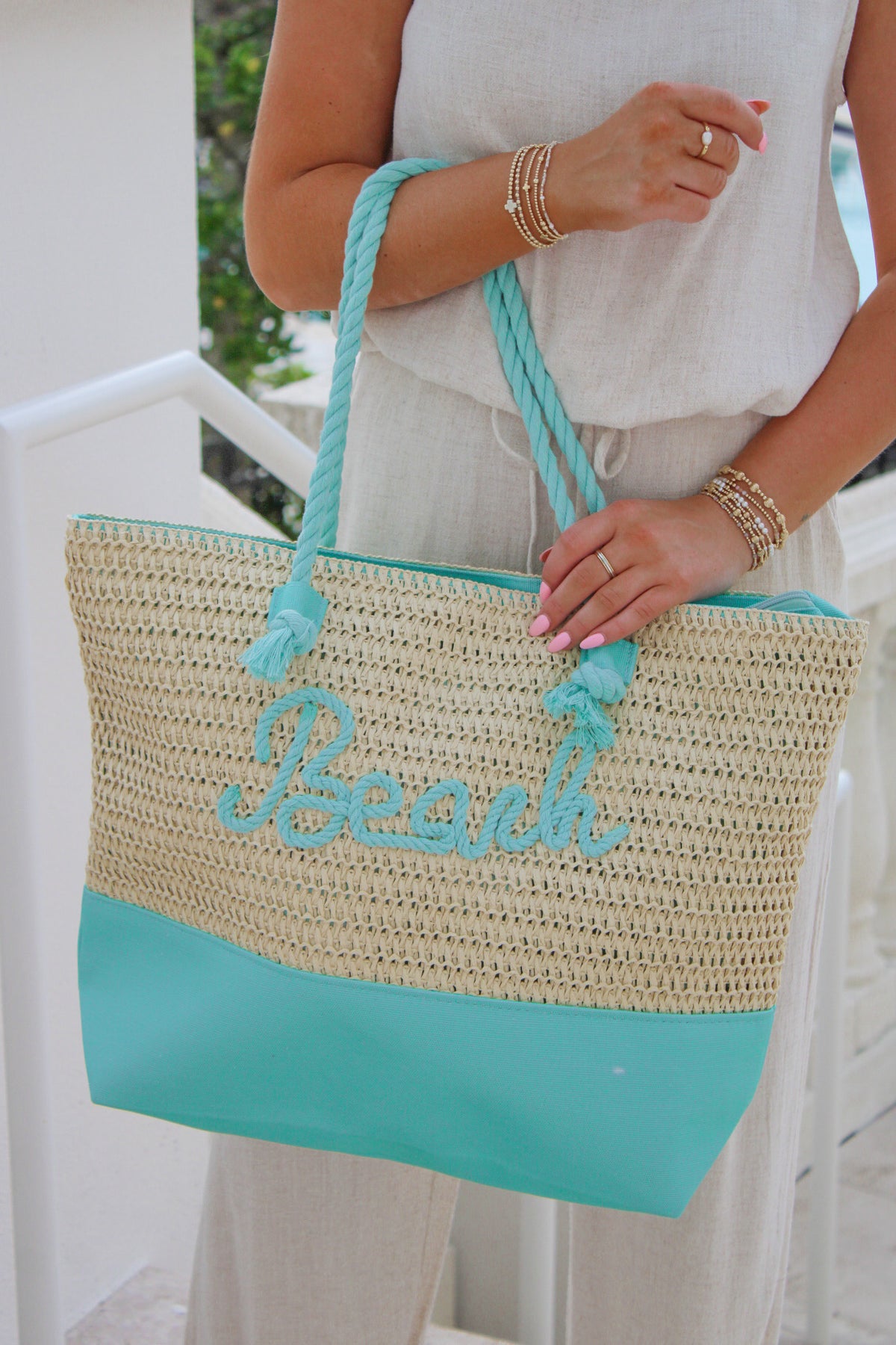 Beach Ready Rope Straw Tote Bag - Aqua