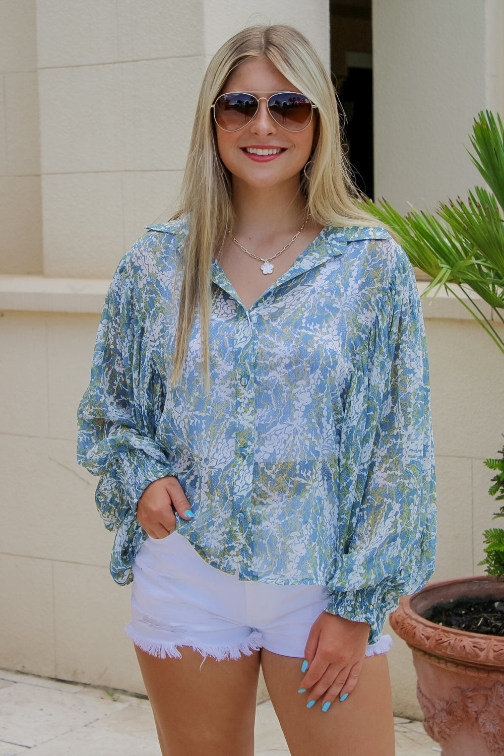 In The Meadows Button Down Top - Teal | Makk Fashions