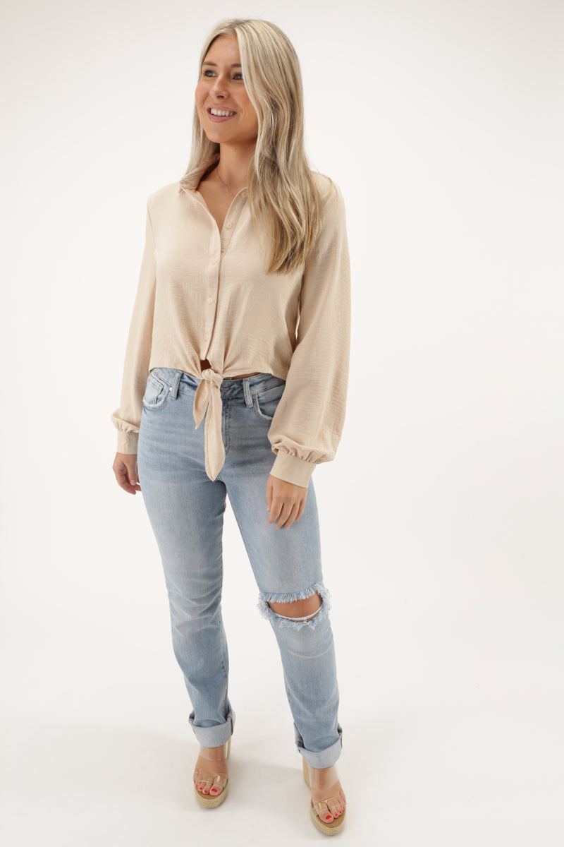 In the Moment Collared Crop Top - Lt. Taupe | Makk Fashions