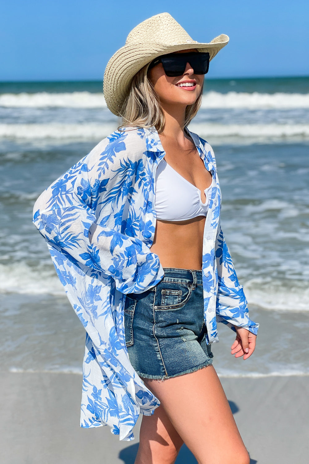 Island Bound Floral Print Cover-Up Top - Blue | Makk Fashions