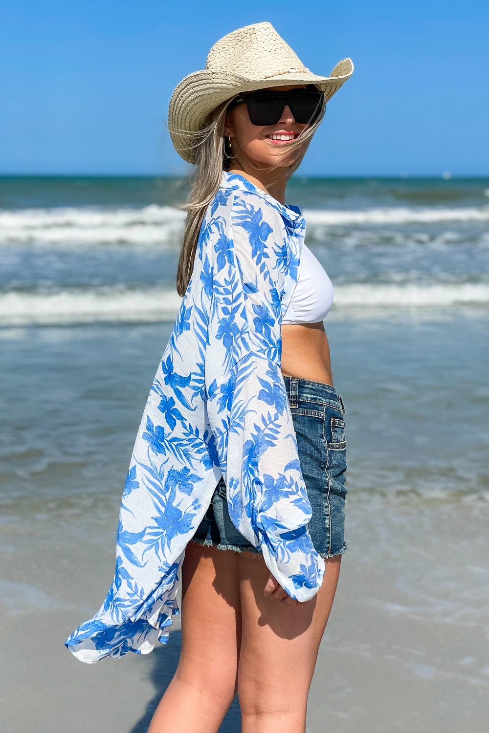 Island Bound Floral Print Cover-Up Top - Blue | Makk Fashions