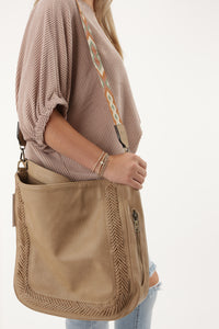 Jackie Whipstitch Hobo/Crossbody w/ Guitar Strap - Tan | Makk Fashions