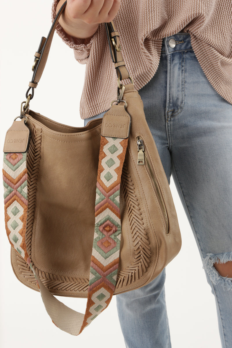 Jackie Whipstitch Hobo/Crossbody w/ Guitar Strap - Tan | Makk Fashions