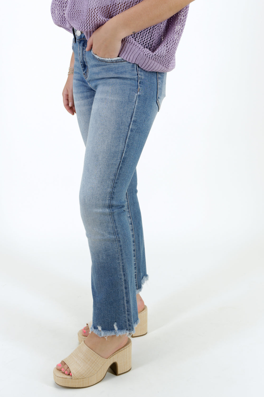 Jenna Mid Rise Crop Mini Bootcut Jeans - Medium Wash | Makk Fashions