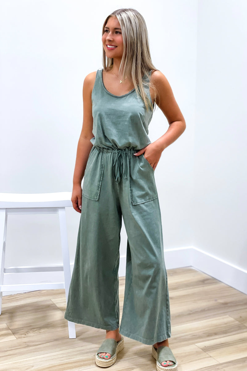 Jump In To Autumn Wide Leg Jumpsuit - Olive | Makk Fashions