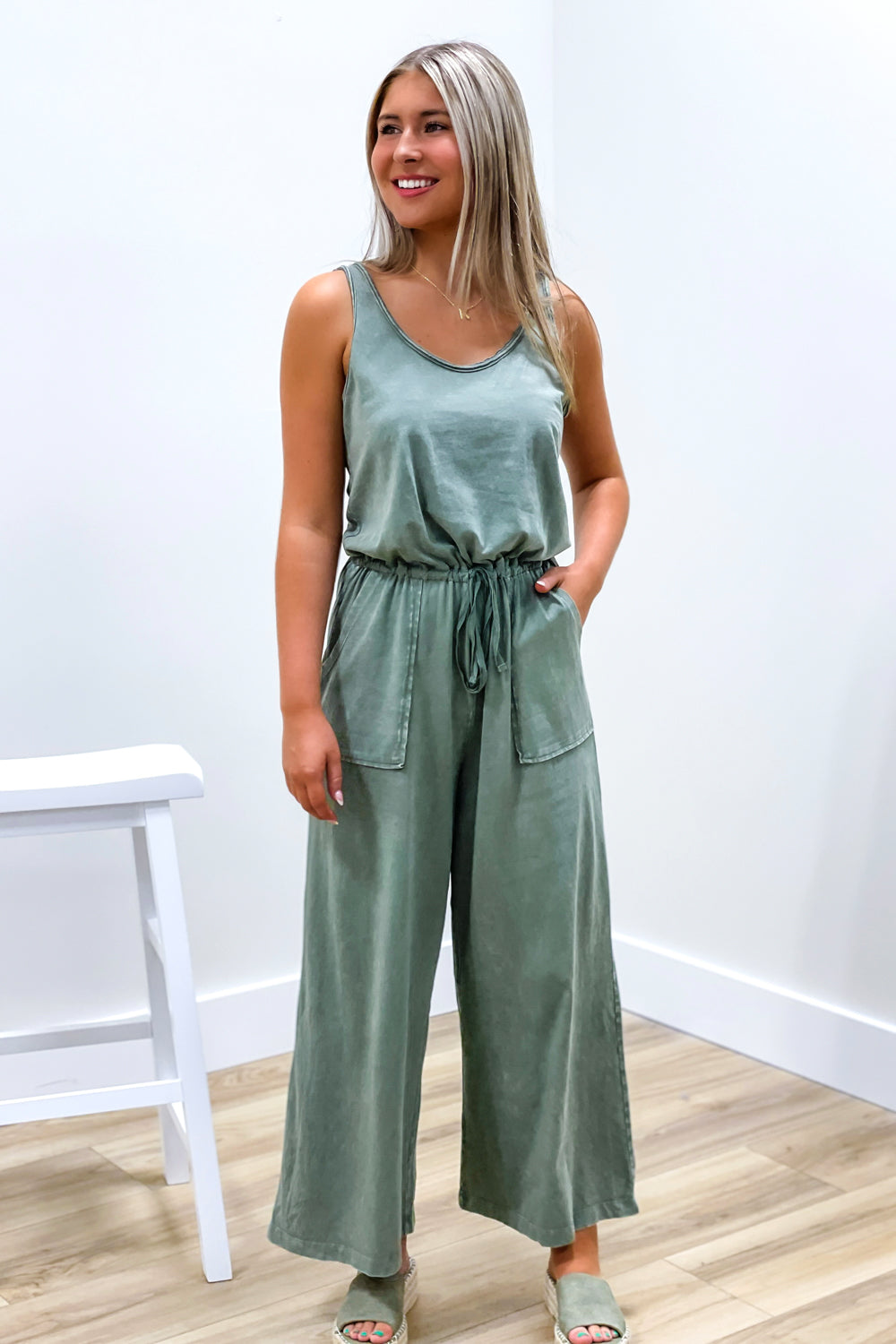 Jump In To Autumn Wide Leg Jumpsuit - Olive | Makk Fashions