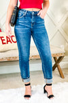 Kelsey Mid Rise Paint Splashed Cuffed Jeans - Dark Wash | Makk Fashions