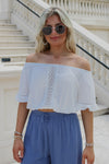 Lana Crochet Trim Crepe Off-Shoulder Crop Top - White | Makk Fashions