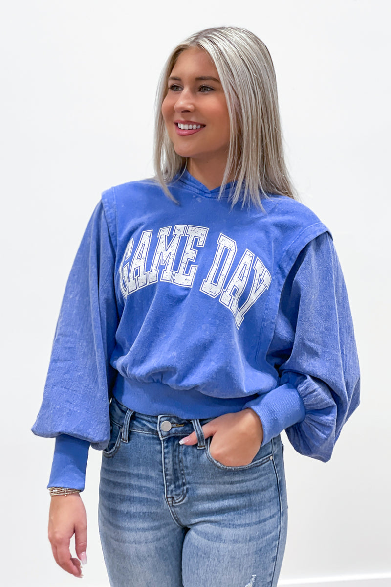 Let's Celebrate Game Day Mineral Washed Sweatshirt - Royal Blue | Makk Fashions