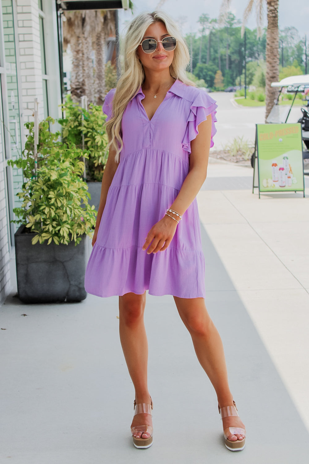 Let's Get Away Linen Ruffle Tiered Dress - Lavender | Makk Fashions