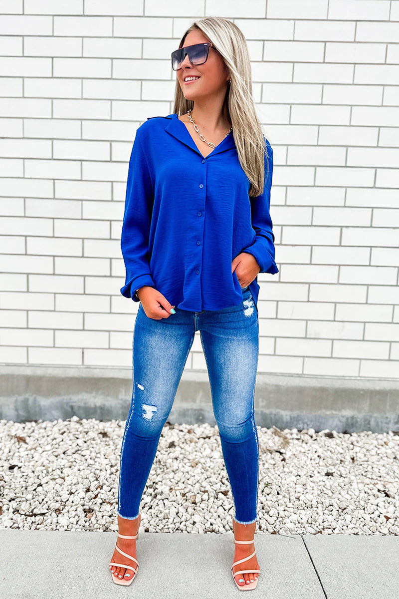 Let's Get Working Button Down Top - Denim | Makk Fashions