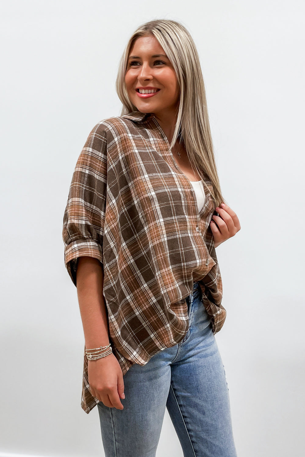 Living For Autumn Plaid Oversized Top - Brown | Makk Fashions