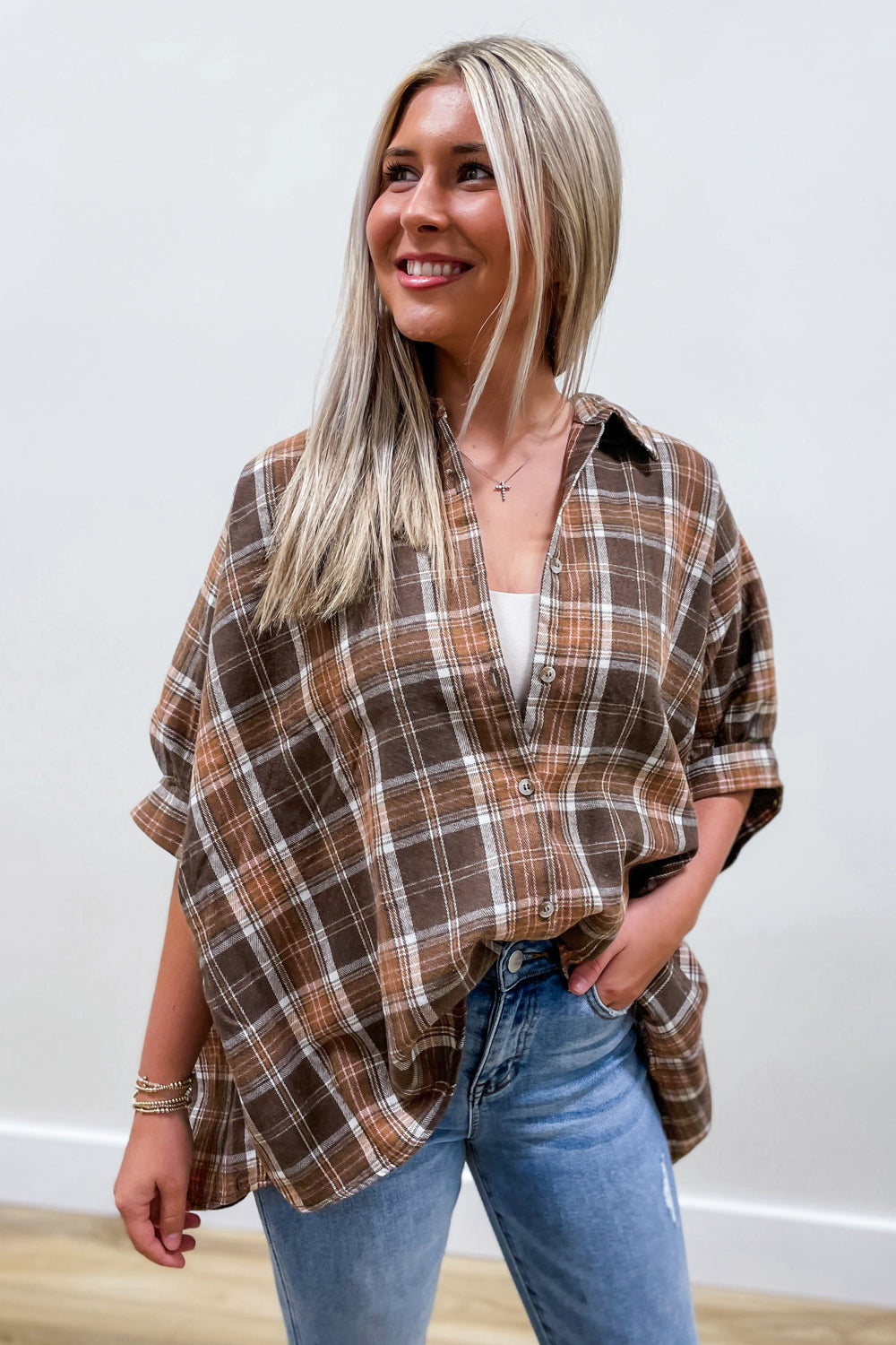 Living For Autumn Plaid Oversized Top - Brown | Makk Fashions