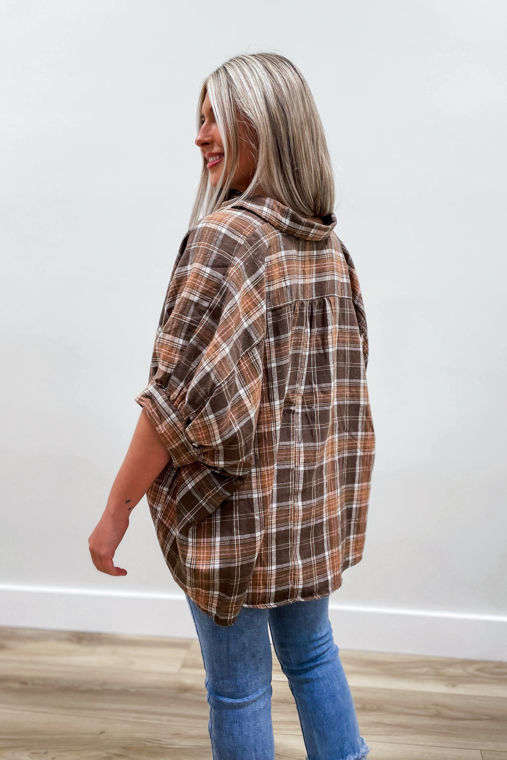 Living For Autumn Plaid Oversized Top - Brown | Makk Fashions