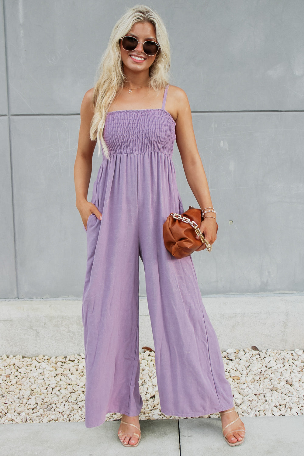 Looking Ahead Smocked Linen Jumpsuit - Lavender | Makk Fashions