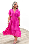 Loving Moments V-Neck Tiered Midi Dress - Hot Pink | Makk Fashions