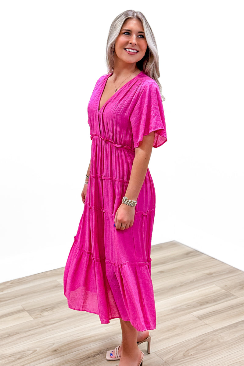 Loving Moments V-Neck Tiered Midi Dress - Hot Pink | Makk Fashions