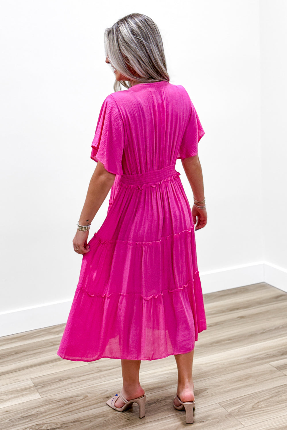 Loving Moments V-Neck Tiered Midi Dress - Hot Pink | Makk Fashions