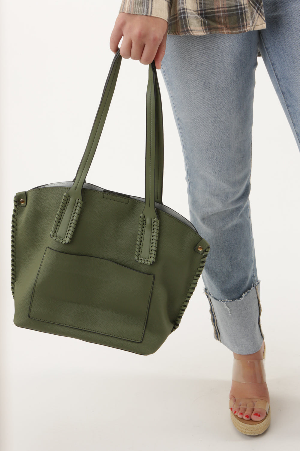 Maleah Whipstitch 3-Compartment Tote - Olive | Makk Fashions