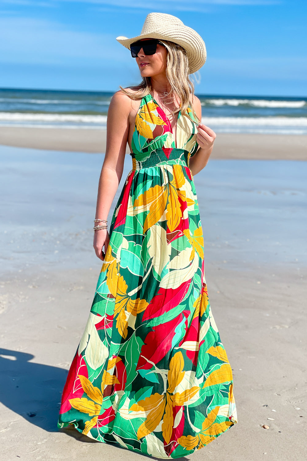 Meet Me in the Garden Floral Print Halter Maxi Dress - Green | Makk Fashions