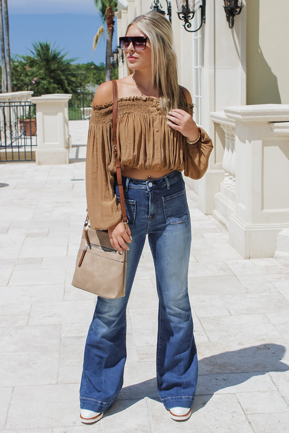 Near My Heart Off-Shoulder Button-Front Top - Camel | Makk