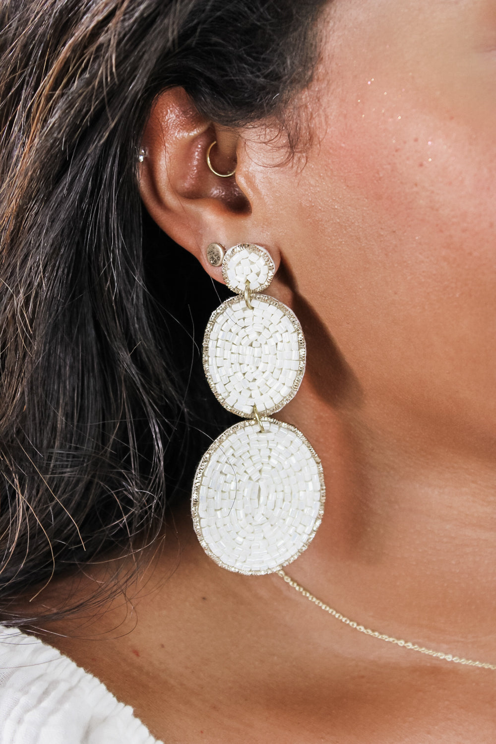 Oval Drop Beaded Earrings - White | Makk Fashions