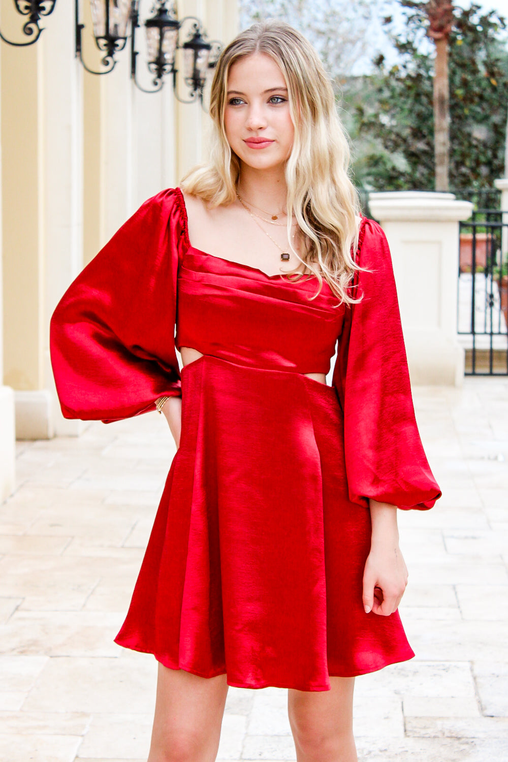 Party Night Satin Cut Out Dress - Red | Makk Fashions