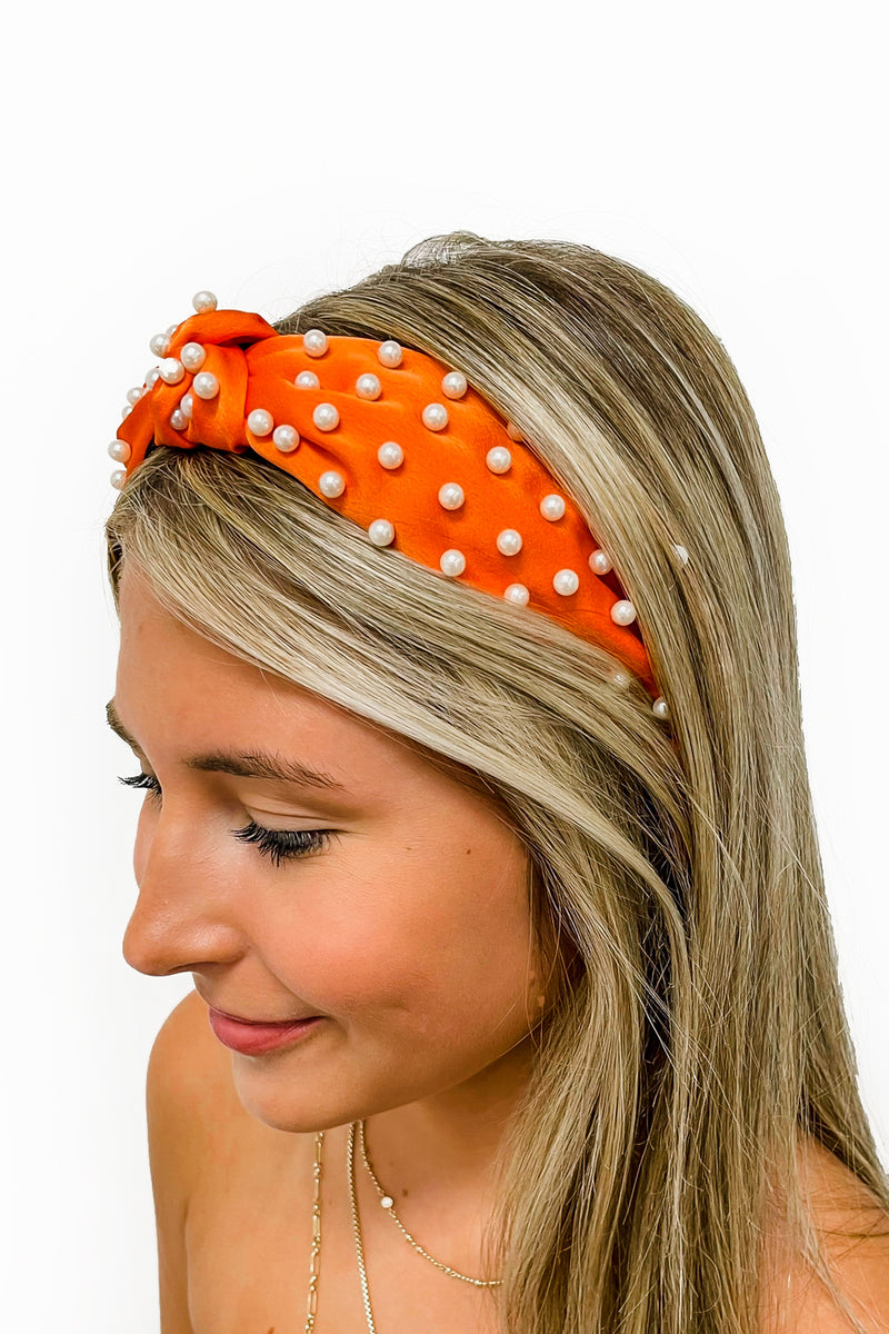 Pearl Studded Headband - Orange | Makk Fashions