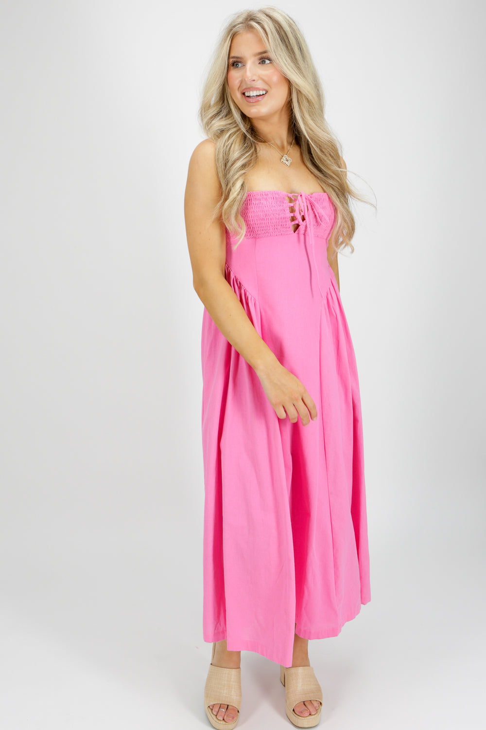 Pleasantly Surprised Smocked Open Back Dress - Pink | Makk Fashions