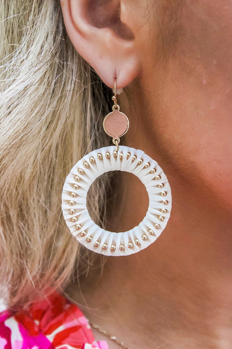 Raffia Wrapped Circle Drop Earrings - Ivory | Makk Fashions