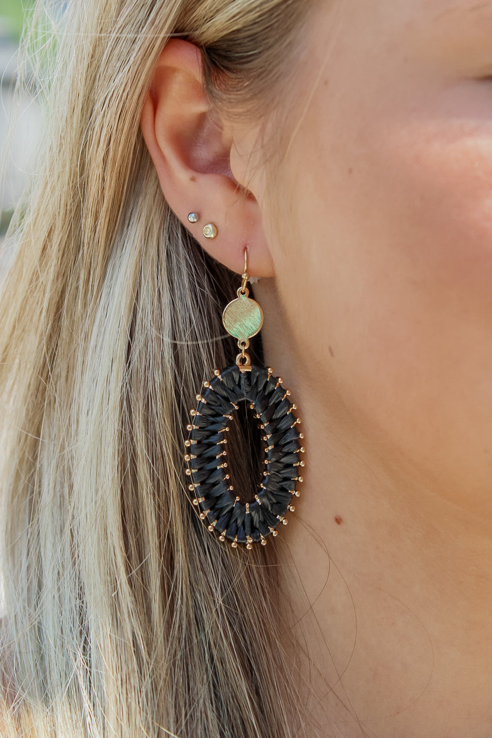 Raffia Wrapped Oval Earrings - Black | Makk Fashions