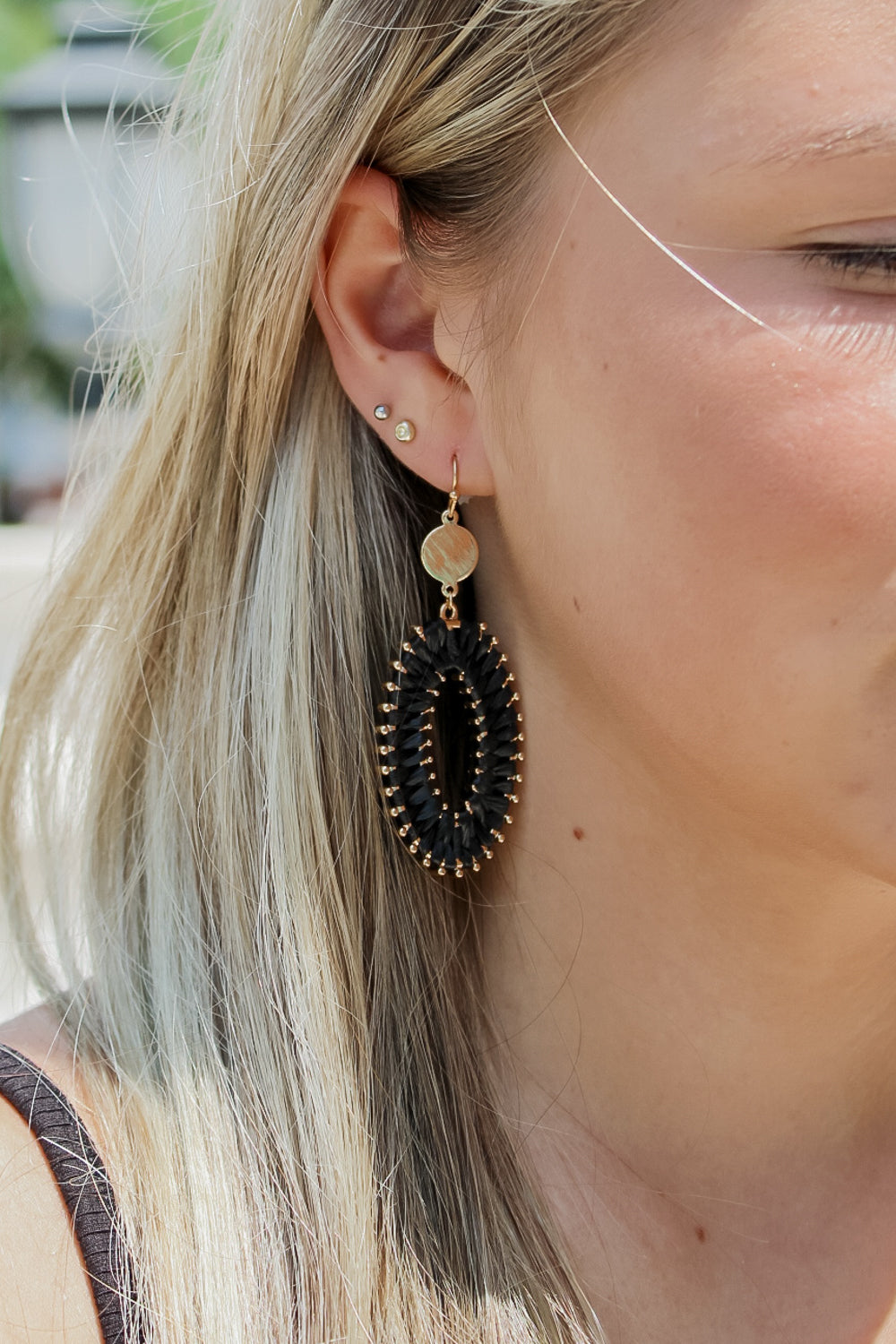 Raffia Wrapped Oval Earrings - Black | Makk Fashions