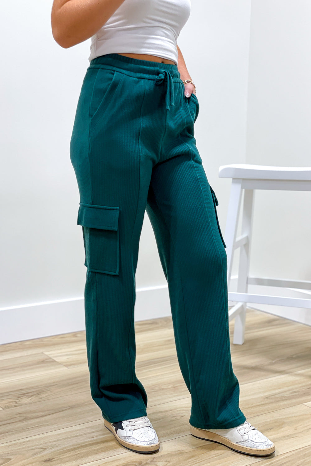 Relaxed Days Soft Brushed Rib Cargo Sweatpants - Green | Makk Fashions