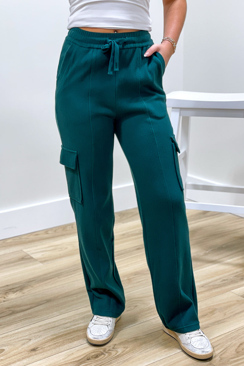 Relaxed Days Soft Brushed Rib Cargo Sweatpants - Green | Makk Fashions