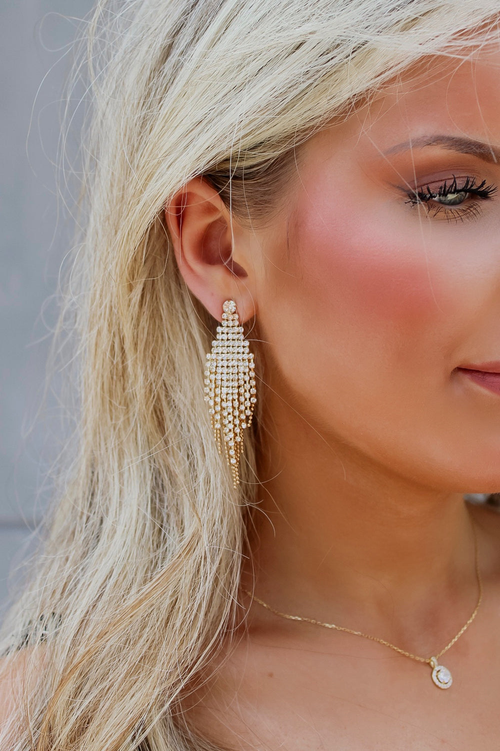 Rhinestone Fringe Earrings - Gold | Makk Fashions